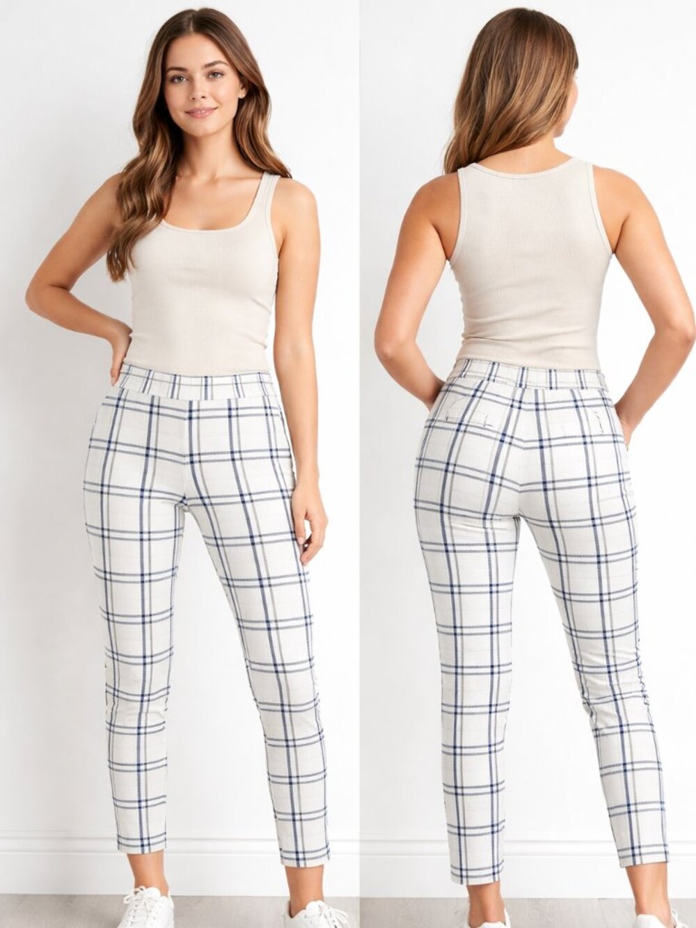 Woman's Slim Ankle Plaid Pants Size S-M (W28xL30) White Blue Black Elastic Waist